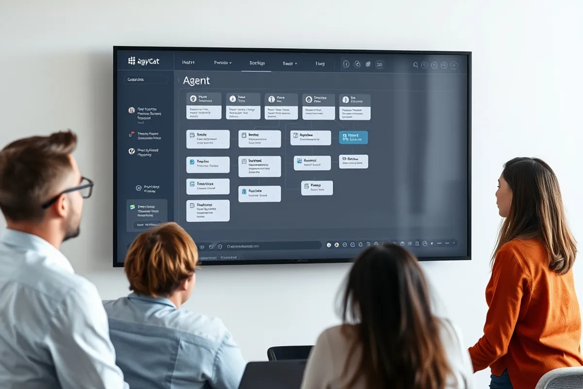 A team meeting with a large screen showing an agent workflow