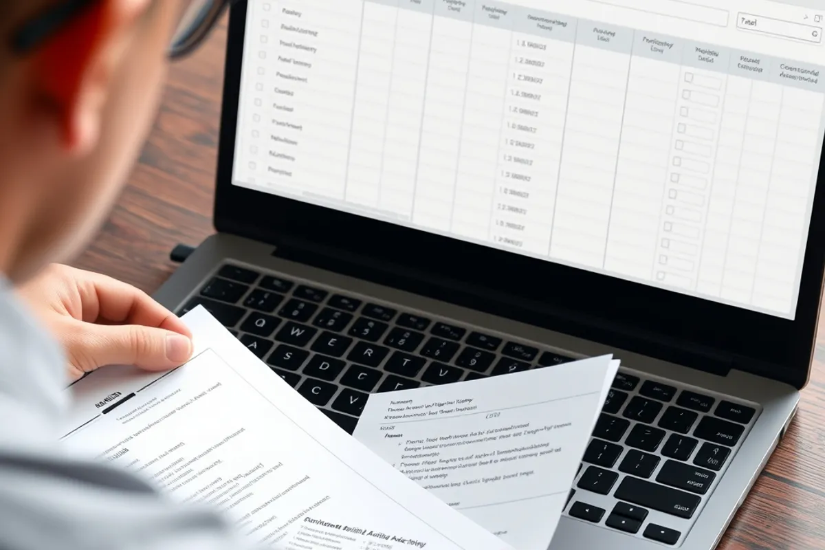 A person reviewing a printed checklist beside a laptop showing an agent log