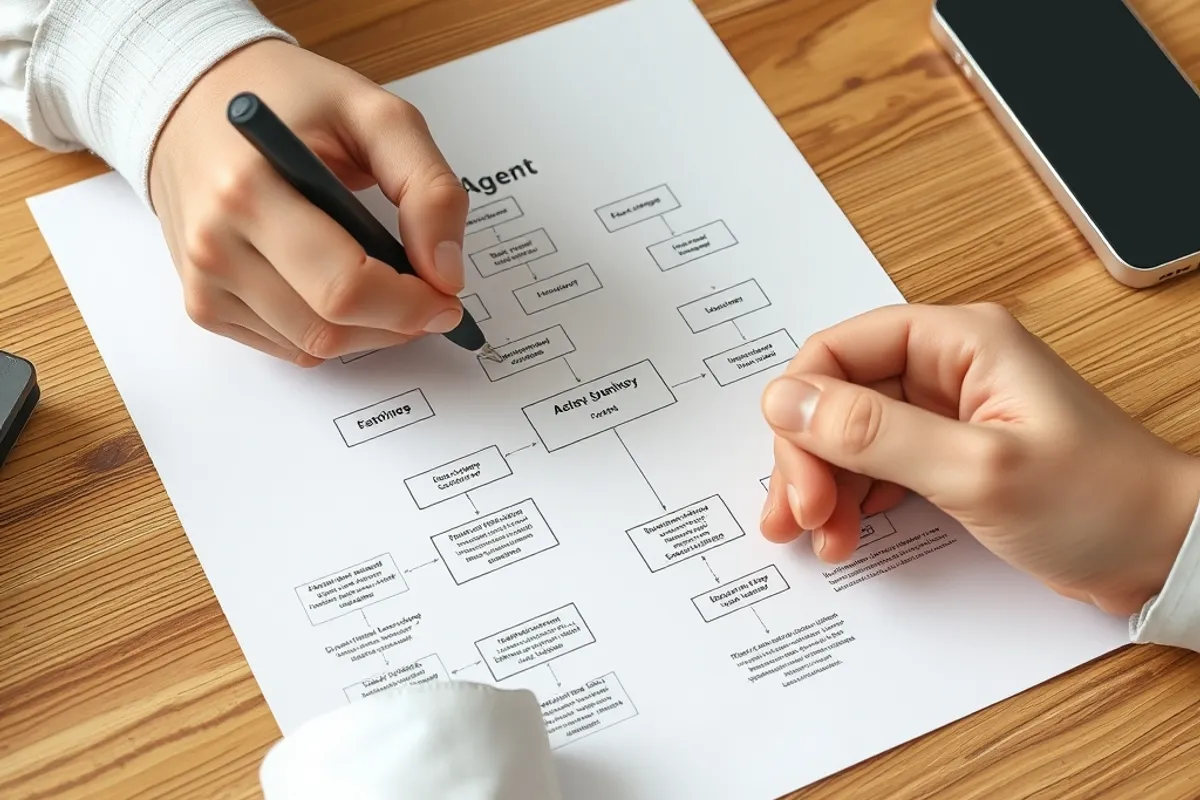 A close-up of hands annotating an agent workflow document with a pen