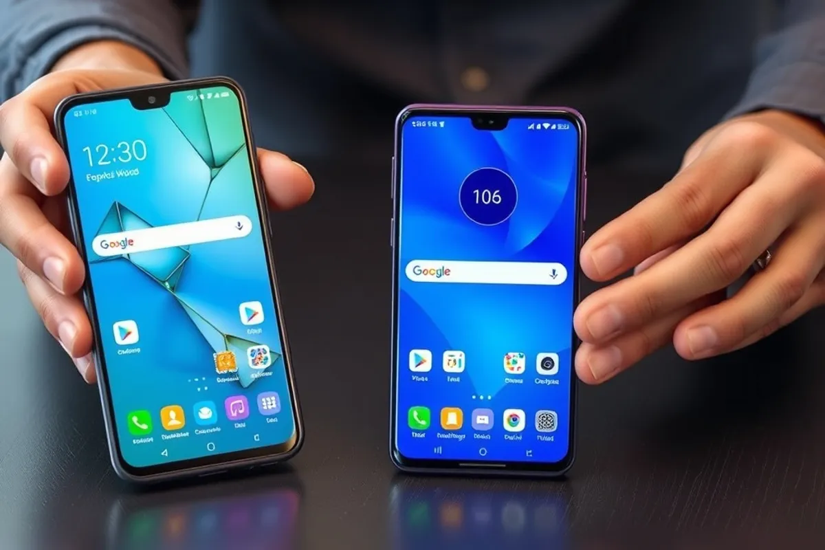 Hands holding a budget smartphone beside a charging cable