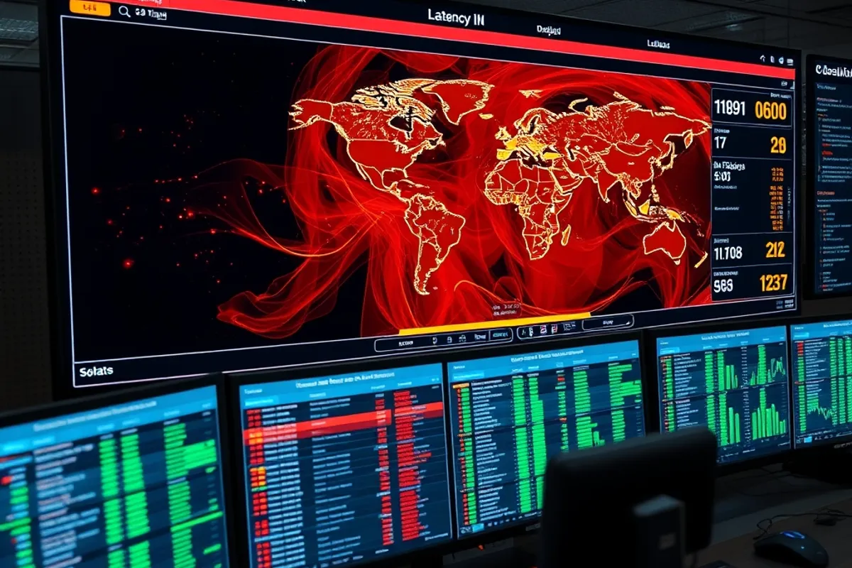 A network operations dashboard showing global latency maps