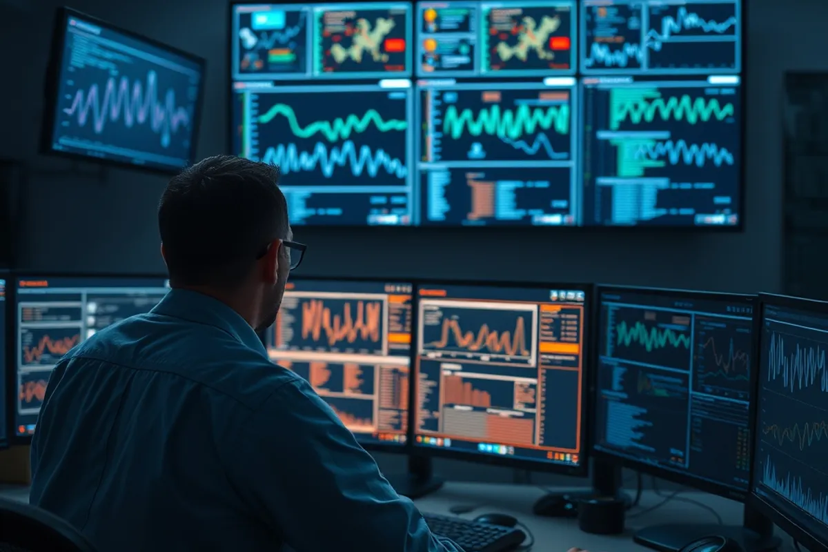 An engineer monitoring edge nodes on multiple screens in a dark office