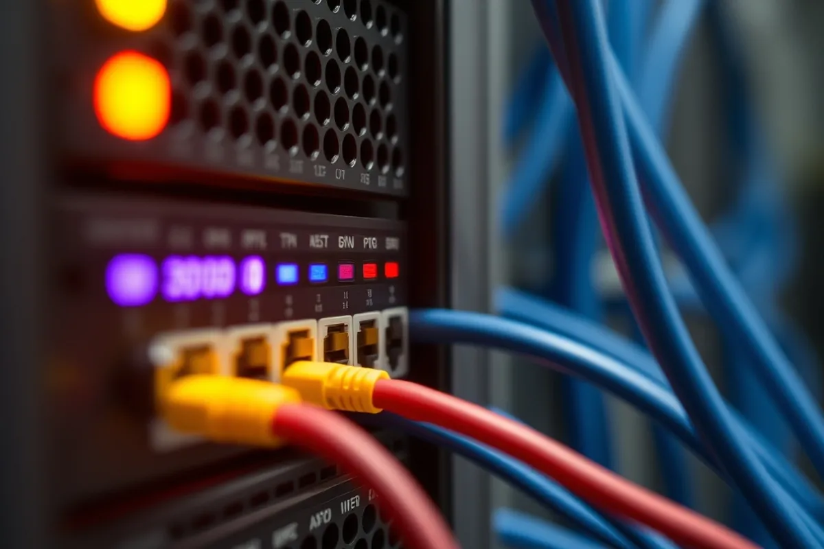 A close-up of a small edge server with network cables and blinking lights