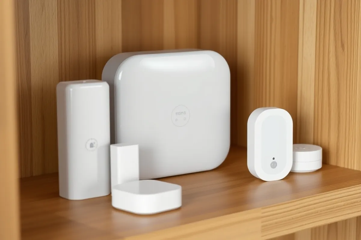A tidy living room with smart lights and a small home hub