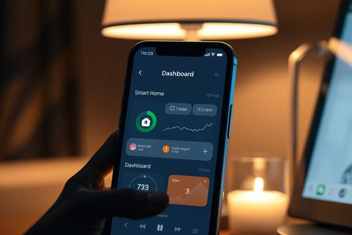 A smartphone showing a simple smart home dashboard at night